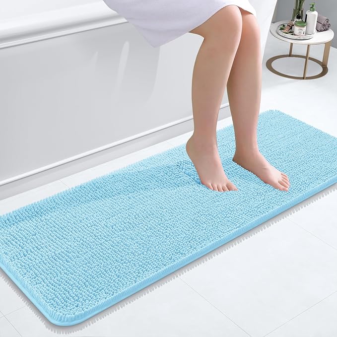 OLANLY Bathroom Rugs 47x17, Extra Soft Absorbent Chenille Bath Rugs, Rubber Backing Quick Dry, Machine Washable Bath Mats for Bathroom Floor, Tub and Shower, Home Decor Accessories, Sky Blue
