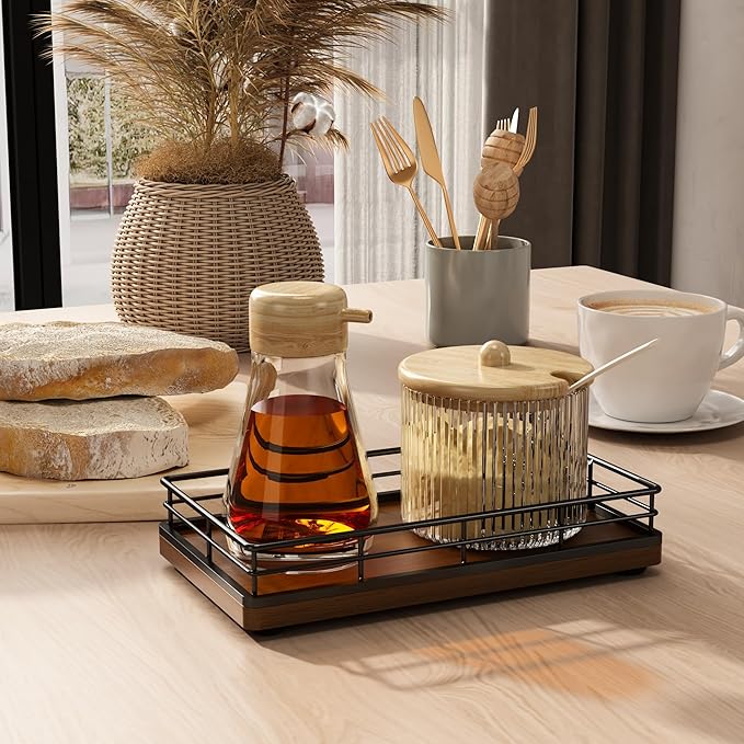 Wooden Decorative Tray, Oak 7.5" L Coffee Table Tray for Kitchen Countertop Soap Sponge Holder for Dresser Perfume Jewelry Candle Nightstand Table Centerpieces for Dining Room Decor Walnut