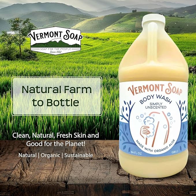 VERMONT SOAP Body Wash, Natural Body Wash with Shea Butter, Mild Gel Body Wash for Moisturizing and Soothing Skin, Fragrance Free Body Wash for Women & Men (Simply Unscented, 64oz)