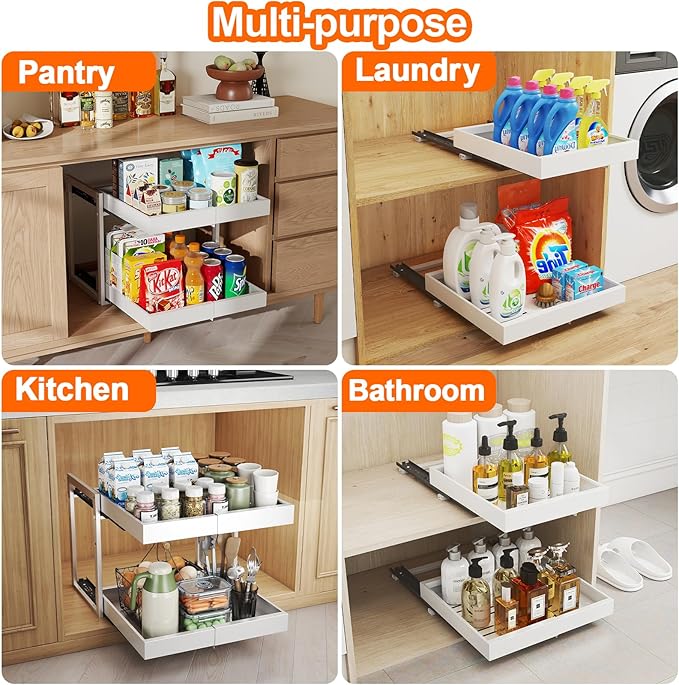 Golener 2-Tier Expandable Pull Out Cabinet Organizer - Slide Out Drawers for Kitchen Cabinets, Bathroom Organizers and Storage, Under Sink Organizer for Kitchen Storage Organization, White Metal Frame