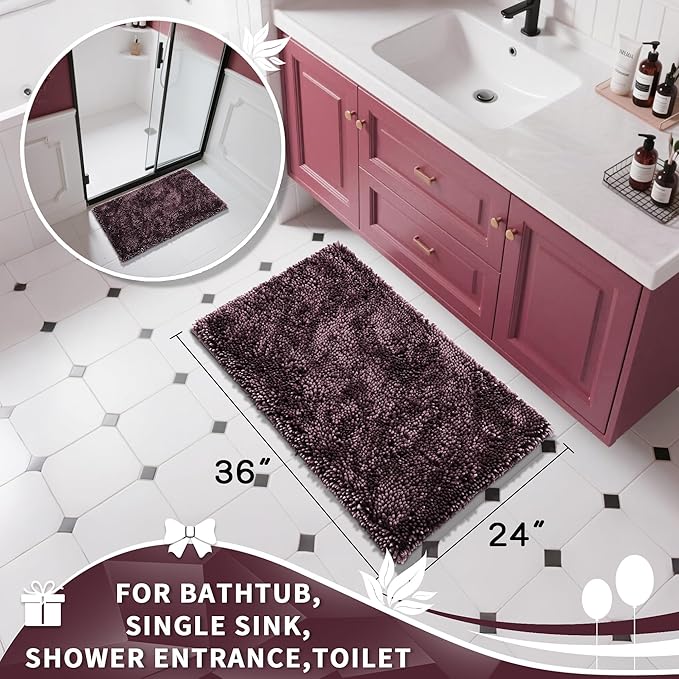 Yimobra Large Bathroom Rug Non Slip 36x24 Inch, Extra Thick Soft Absorbent Chenille Bath Mat, Machine Washable Bath Rugs for Bathroom Floor, Tub and Shower, Home Decor Accessories, Purple Grey