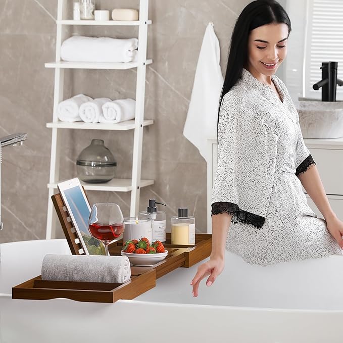 Wooden Bathtub Tray for Luxury Bathroom, Expandable Premium Teak Bath Tray, Adjustable Bath Accessories for Tub, as Unique Housewarming, Holiday, Birthday Gifts