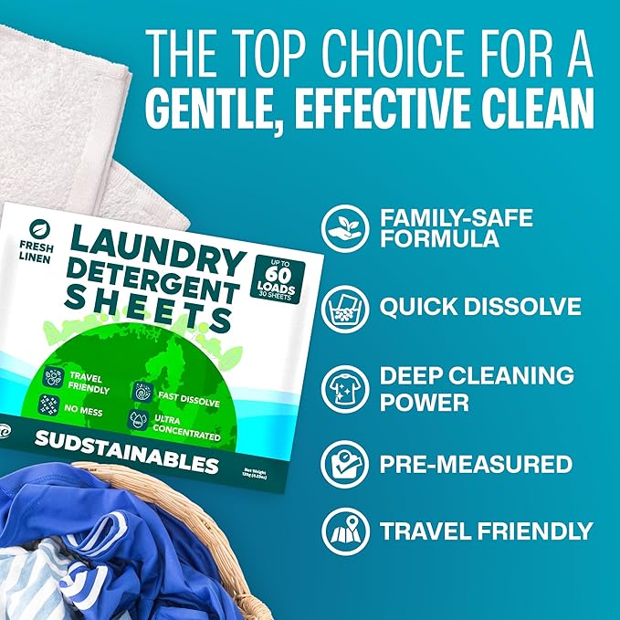 Sudstainables Laundry Detergent Sheets 60 Loads – Dissolvable Laundry Sheet for Washing Machines, Compact Alternative to Liquid & Powder Detergent, Travel-Friendly Soap | Fresh Linen