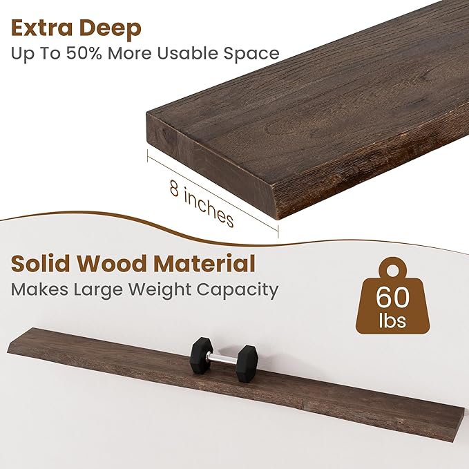Floating Shelves for Wall Decor, Rustic Solid Elm Wood Live Edge Floating Shelves Wall Mounted, Wall Shelves with Invisible Bracket for Living Room Bathroom Bedroom Kitchen, 72 Inch, Walnut