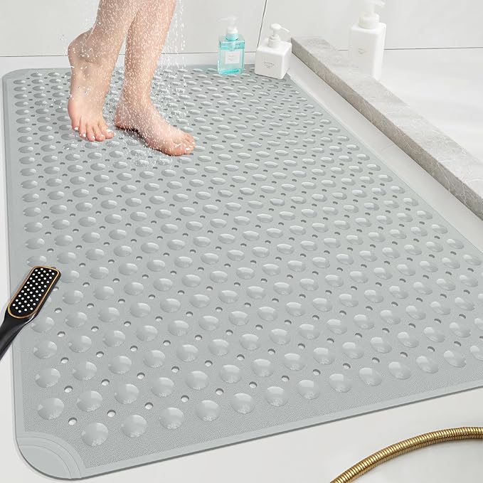 OTHWAY Extra Large Shower Mat 47"x 32", TPE Non Slip Shower Mat for Shower Stall, Inside Walk in Shower Mats with Drain Holes Suction Cups, Anti-Slip for Elderly Kids (Dark Grey)