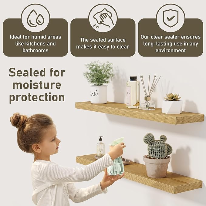 Fun Memories 32 Inch Floating Shelves Wall Shelf Set of 3, Rustic Farmhouse Home Decor Kitchen Living Room Shelves Wall Mounted, 32 x 6.7 x 1.4 Inch, Oak Color