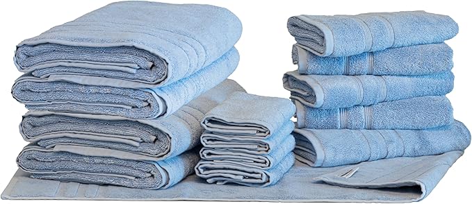 Mosobam Luxury Turkish 14pc Deluxe Bath Bundle Body Hand Face Towel and Mat Allure Blue 700 GSM & 1000 GSM Bamboo Viscose & Aegean Turkish Combed Cotton