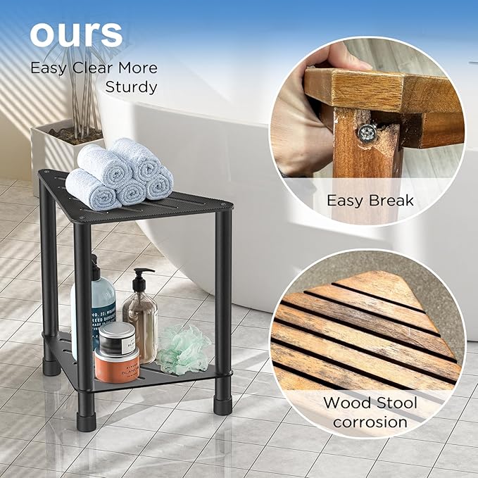 Stainless Steel Black Shower Stool for Inside Shower, 15.4'' H Shower Foot Rest, Corner Shower Stool with Storage Shelf, Shower Step for Shaving Legs, Bathroom Corner Shower Bench
