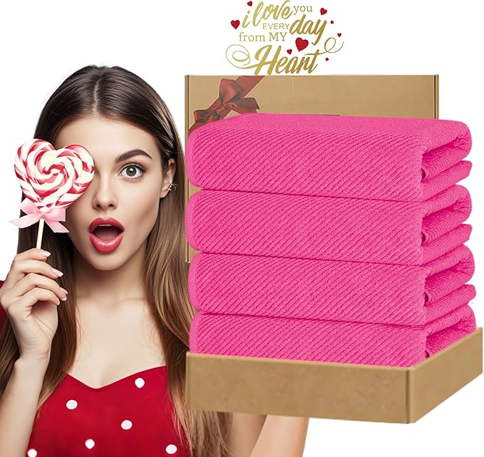 Hot Pink Bath Towels (4PC Large, 30"x56") - 100% Cotton | Quick Dry | Light Weight | Thick | Soft | Absorbent, Luxury Shower Towels with Hanging Loops, Towel Gift Set, Hot Pink Bathroom Accessories