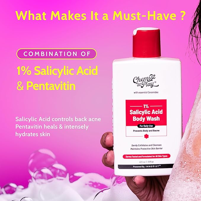 Chemist at Play 1% Salicylic Acid Body Wash | Paraben & SLS Free | Gentle Exfoliating Shower Gel | Prevents Body Acne, Bumpy Skin & Deep Cleanses Skin | For Men & Women | 15.9 Fl oz