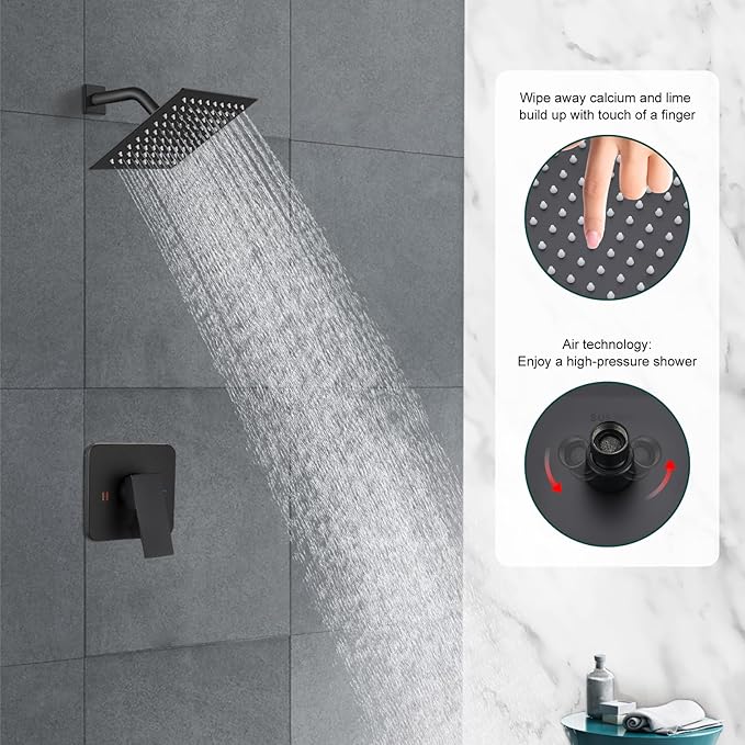 Heyalan 8 Inch Shower Head and Handle Set Square Shower Faucet Set Bathroom Rainfall Shower System Stainless Steel Showerhead Single Function Shower Trim Kit,Female Thread Valve,Matte Black
