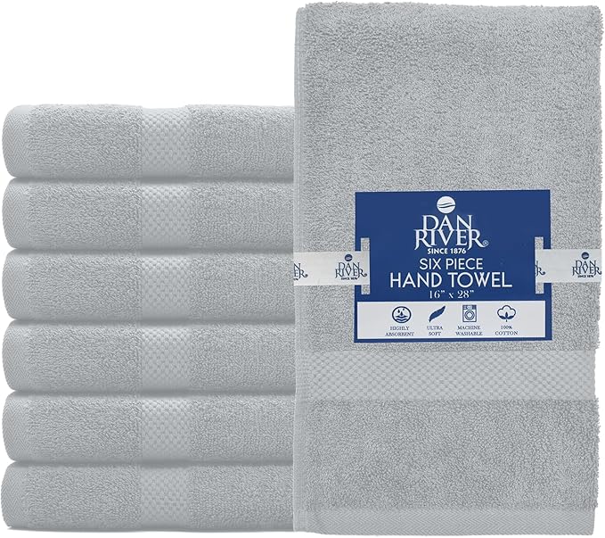 DAN RIVER 6-Pack Premium Hand Towels (16x28 Inches) - 100% Cotton, Ultra Soft, Lightweight, Highly Absorbent Towels for Bathroom, Spa, Gym, Salon, Hotel, and Travel - 550 GSM - Silver