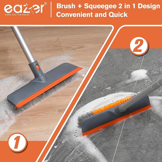 Eazer Floor Scrubber Brush, 2-in-1 Deck Scrubber Brush with Long Handle, Soft & Hard Bristle Brush for Cleaning Concrete, Squeegee Broom for Floor,Bathroom Garage,Kitchen,Wall,Tile and Swimming Pool