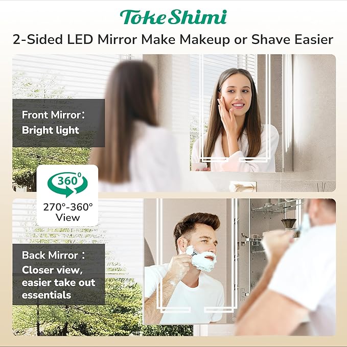 TokeShimi 20x32 Lighted Medicine Cabinet Mirrored, Anti-Fog Tempered Bathroom LED Mirror with Storage 3 Color Stepless Dimming, CRI 80+, Memory Funtion, Surface Mount Medicine Cabinet with Light
