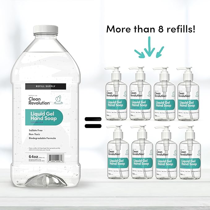 Clean Revolution Liquid Gel Hand Soap, Silky Rich Liquid, Quick Lather, Fast Rinsing, Contains Real Essential Oils (Spring Air) 64 Fl Oz