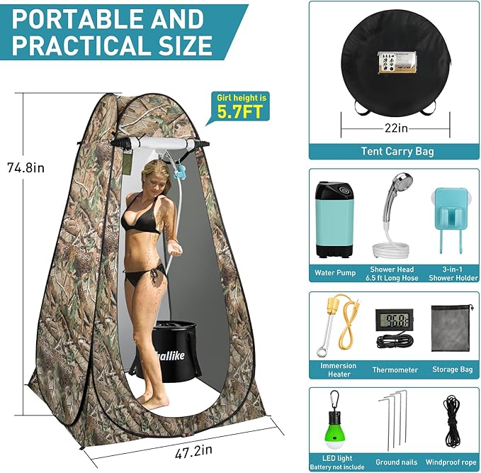 Portable Hot Shower for Camping Shower Tent Kit, 1000W Immersion Heater, Rechargeable Camping Shower Pump, Pop Up Shower Tent with 6.6 Gallons Folding Bucket for Adults Outdoor