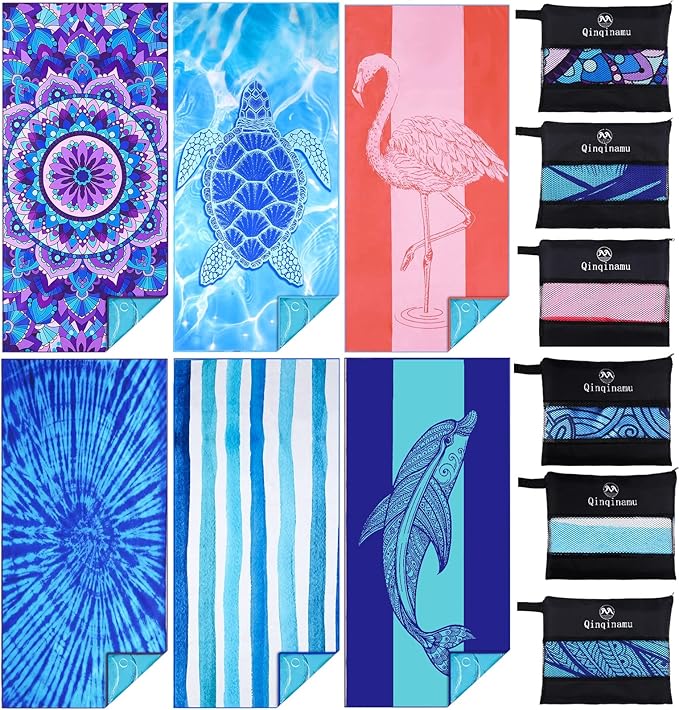 6 Pack Microfiber Thin Lightweight Beach Towel Oversized 71x32 Extra Large Sand Free Towels for Travel Swim Pool Yoga Gym Camping for Adults Women Men Beach Essentials Accessories Vacation Gift