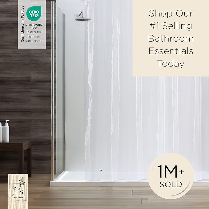 Stitch & Stone Shower Curtain Liner, Premium Lightweight Durable Waterproof 4g PEVA for Bathroom with Weighted Magnets, Standard Size 70" x 72" Clear 1 Pack