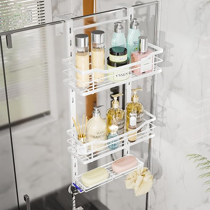 SWTYMIKI Over the Door Shower Caddy - 3 Tier Adjustable Shower Organizer Hanging with Soap Holder, No Drilling Stainless Steel Bathroom Hanging Caddy for Body Wash, Shampoo, Soap, Razor, White