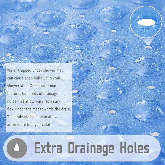 Yimobra Shower Stall Mat Non Slip, 21x21 Inch, Soft Square Bath Mat for Shower with Suction Cups and Drain Holes, Stall Floor Mats for Bathroom, Machine Washable, Bathroom Accessories, Clear Blue