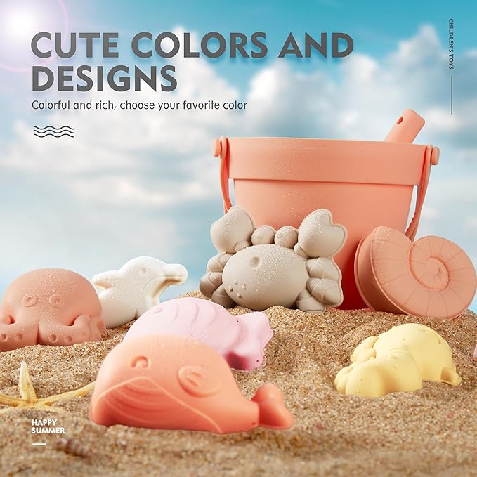 MarcZero 11Pcs Silicone Beach Toys,Modern Baby Beach Toys,Travel Friendly Beach Set,Silicone Bucket, Shovel, 8 Sand Molds, Beach Bag, Sand Toys for Toddlers, Kids (Peach)