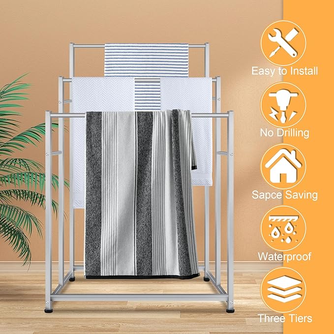 47.6 Inch Tall Free Standing Towel Racks 3 Tier Pool Towel Rack Outdoor Oversized Floor Bath Towel Drying Valet Holder Blanket Quilt Rack Stand for Bathroom Bedroom Beach Hot Tub Gym Pool Area Outside
