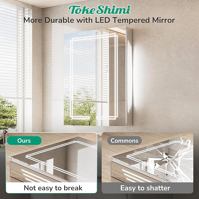 TokeShimi 20x32 Lighted Medicine Cabinet Mirrored, Anti-Fog Tempered Bathroom LED Mirror with Storage 3 Color Stepless Dimming, CRI 80+, Memory Funtion, Surface Mount Medicine Cabinet with Light