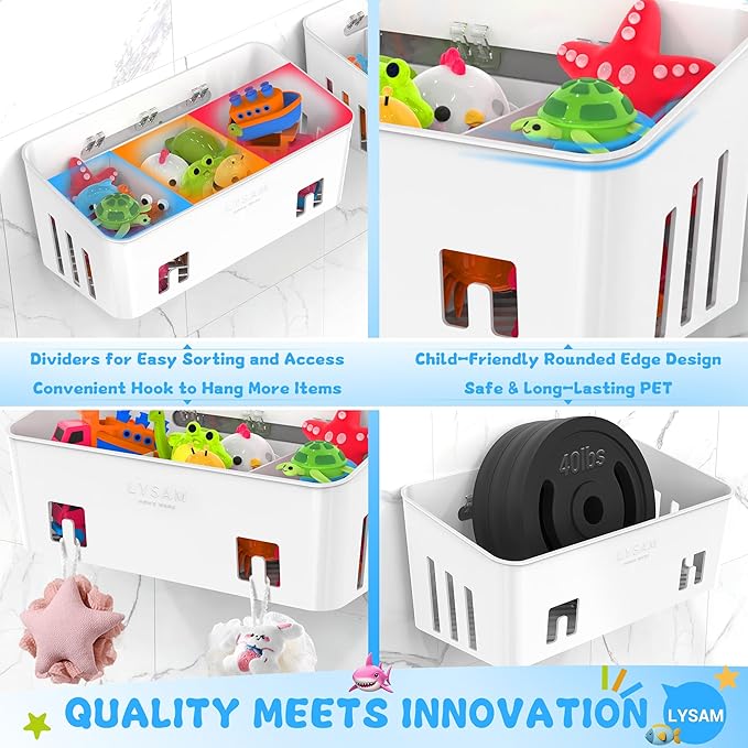 Lysam Bath Toy Storage 2 Packs, Large Bath Toy Holder with 3 Compartment, Quick Dry Bathtub Toy Organizer, Bath Tub Toy Net, Shower Toy Basket & Bin, Bathroom Accessories for Baby,Toddler,Kids（White）