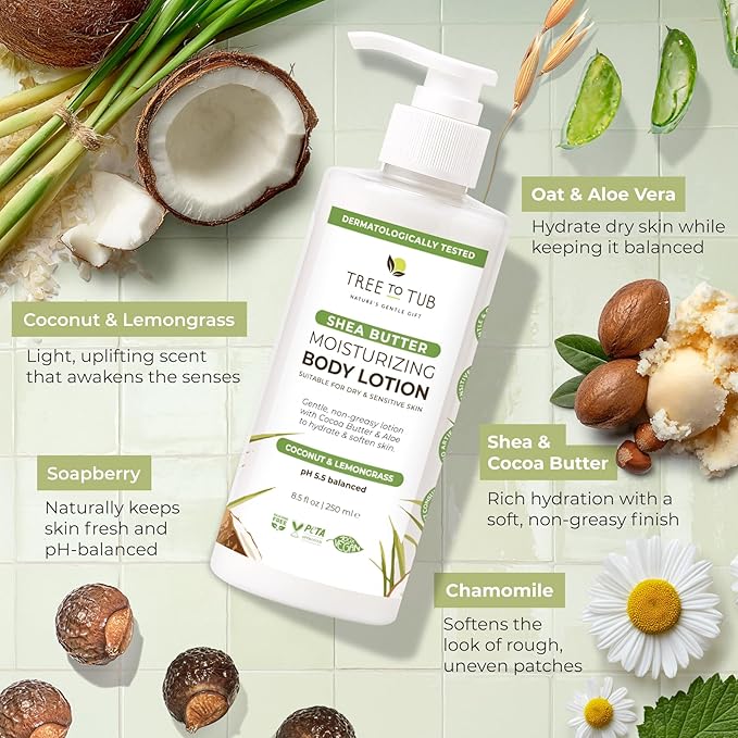 Tree to Tub Cocoa Butter Lotion for Sensitive Skin - Moisturizing Shea Butter Lotion for Extremely Dry Skin for Women & Men - Lemongrass & Coconut Body Cream w/Organic Aloe Vera, Colloidal Oatmeal