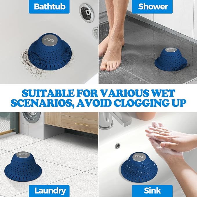 Bathtub Drain Hair Catcher, Silicone Collapsible 1 Pack Drain Protector for Pop-Up and Regular Drains of Shower, Bathtub, Tub, Bathroom, Sink, Dark-Blue