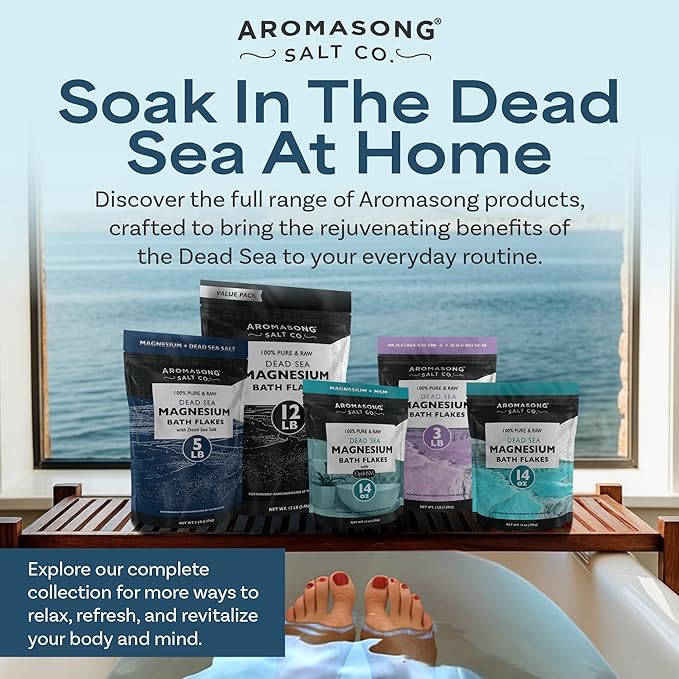 Aromasong Raw Magnesium Flakes for Bath + Dead Sea Salt for Soaking - 5 Lb Resealable Pack Magnesium Chloride Flakes - Organic Bath Salt Relaxing Mineral Soak (Packaging May Vary)