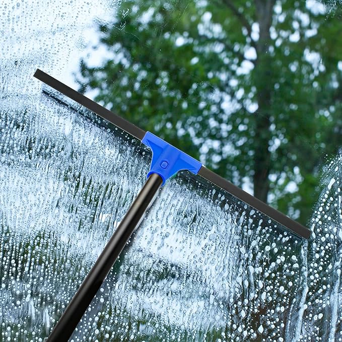 Floor Squeegee for Concrete and Tile Cleaning, 24'' Rubber Wiper Broom, Large Heavy Duty Water Scraper with 60'' Long Handle for Garage, Deck, Bathroom, Shower Glass, Window