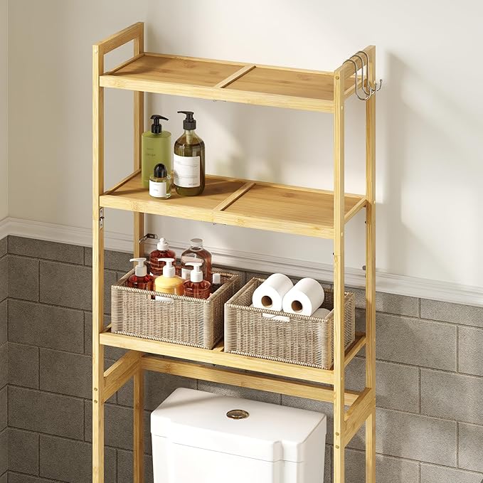 AMBIRD Over The Toilet Storage, 3-Tier Bathroom Organizer Over Toilet with Sturdy Bamboo Solid Shelves, Non-Slip Pads and 3 Hooks, Multifunctional Behind Toilet Shelf Rack, Space Saver (Original)