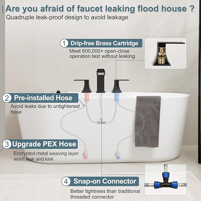 Waterfall Roman Tub Faucet, Solid Brass Oil Rubbed Bronze Bathtub Faucet, High Flow Deck Mount Tub Faucet Set, 3 Hole Widespread Bathtub Faucets with 2 Handles No Leaks 15 Mins to Install
