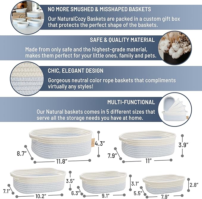 NaturalCozy 5-Piece Rectangle Storage Basket Set- Natural Cotton Rope Woven Baskets for Organizing! Small Basket for Montessori, Baby Nursery, Dog Toy Baskets, Cat Toy Box, Bathroom Organization Bin