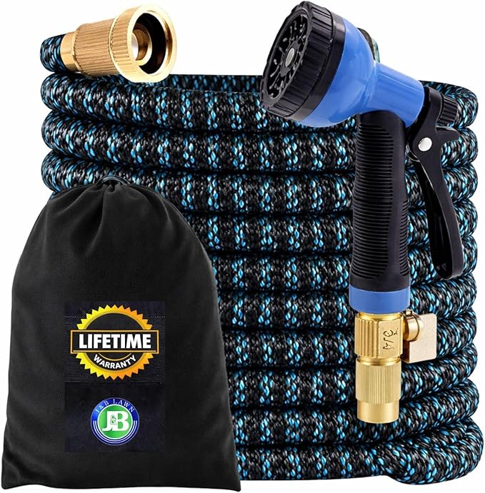 J&B XpandaHose 75ft Expandable Garden Hose with Holder - Heavy Duty Superior Strength 3750D - 4 -Layer Latex Core - Extra Strong Brass Connectors and 10 Spray Nozzle w/Storage Bag (Blue 75)