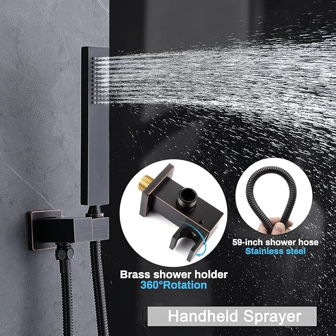 Oil Rubbed Bronze Shower System Set Temperature Display Push Button Shower Faucet with 12 inch and 8 inch Wall Mount Full Body Shower Head and Handheld Shower