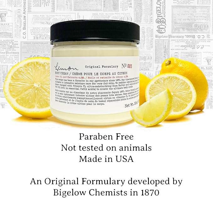 C.O. Bigelow Lemon Body Cream 8oz, Lotion for Dry Skin with Shea Butter & Lemon Extract, Moisturizing Body Lotion and Hand Treatment