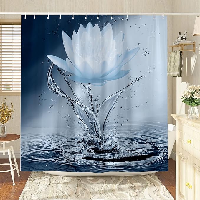 Lotus Shower Curtain Blue Flower Elegant Blooming Floral with Dew Spring Flower Reflection on Water Modern Romantic Polyester Fabric Bathroom Decor 108×70 Inch with Hook