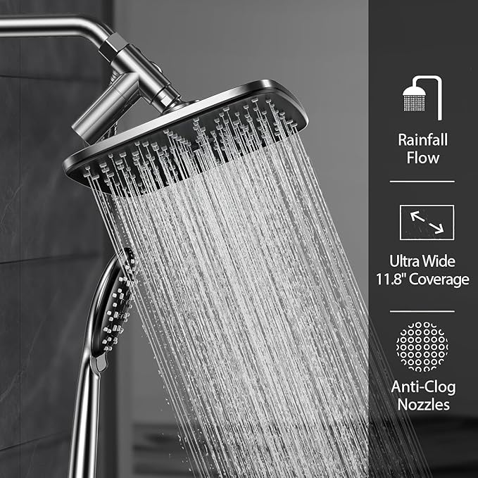 Veken 11.8 Inch Rectangle Rain Shower Head - Shower Heads with 6 Modes Handheld Spray Combo - Wide Rainfall shower with 70" Hose - 1.8gpm Dual Showerhead with Anti-Clog Nozzles - Chrome