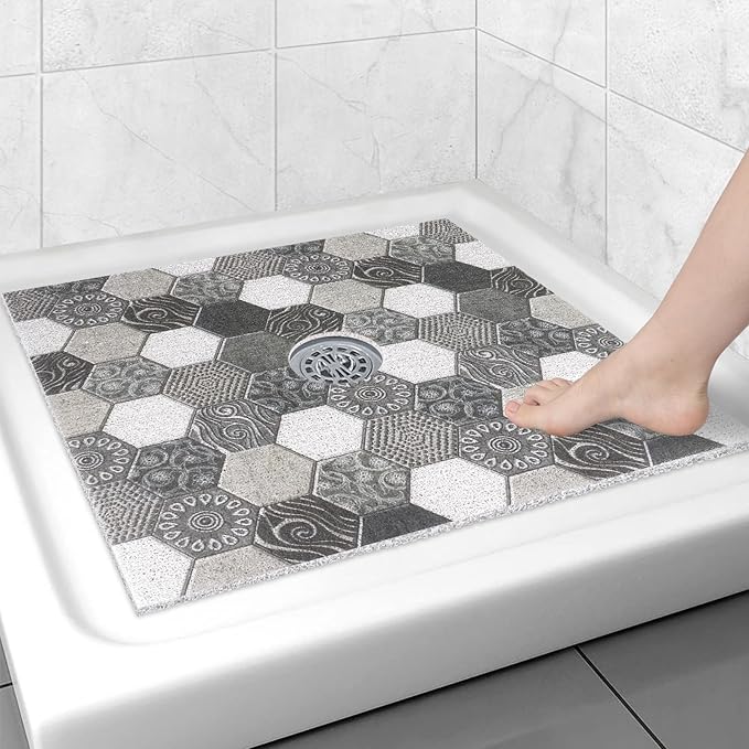 Square Shower Mat Non Slip: 27x27 Inch Extra Large Shower Floor Mat with Drain Hole in Middle - Soft PVC Loofah Bath Mat for Shower - Anti Slip Shower Stall Mat for Elderly and Kids