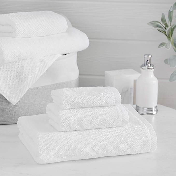 Welhome Franklin 100% Cotton Popcorn Textured Towel Set - 6 Piece 600 GSM, Soft & Plush, 2 Bath Towels, 2 Hand Towels, 2 Washcloths, White
