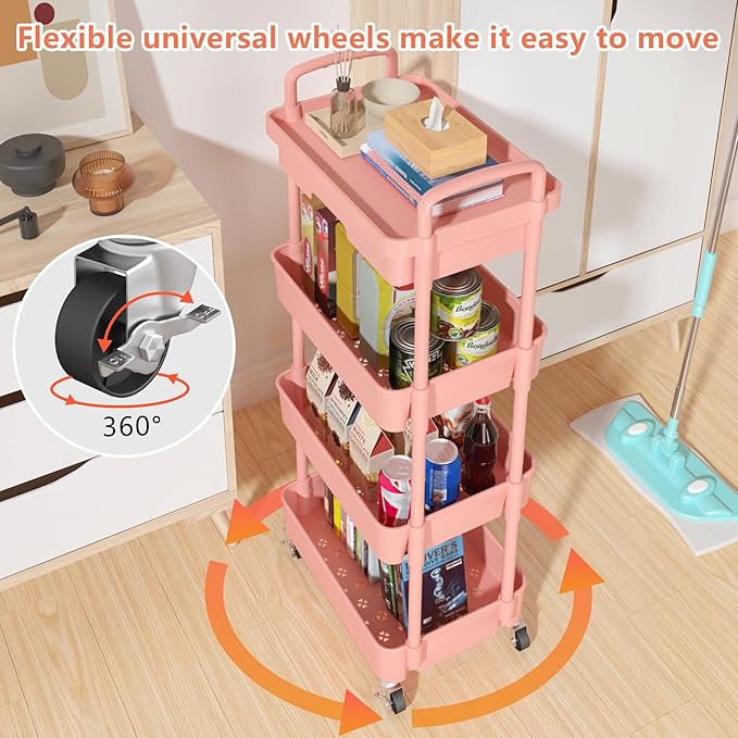 Calmootey 4-Tier Rolling Utility Cart with Drawer,Multifunctional Storage Organizer with Plastic Shelf & Metal Wheel,Storage Cart for Kitchen,Bathroom,Living Room,Office,Pink