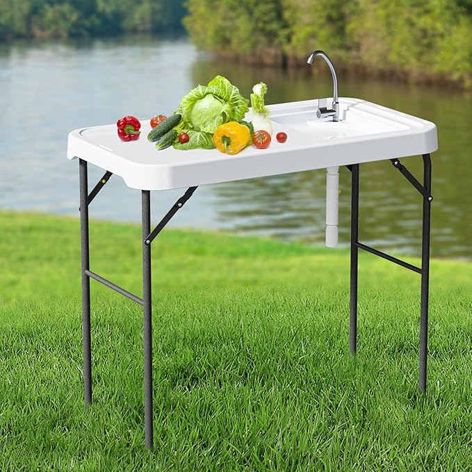 Folding Fish Cleaning Table with Sink, Portable Camping Sink Table with Measure Mark, Drainage Hose and Knife Groove, Outdoor Fish Fillet Cleaning Station for Picnic Fishing, White