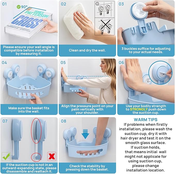 LEVERLOC Corner Shower Caddy Suction Cup, shower shelves suction cup, 2 Pack Basket Powerful Bathroom, Waterproof & Oil-proof Organizer for Kitchen, No-Drilling Removable (Blue)