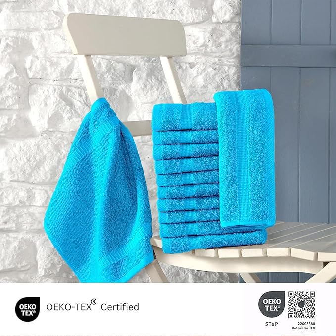 SALBAKOS 100% Turkish Cotton Washcloth Set of 12 13x13 inch | Heirloom Quality | Hotel & Spa Collection | Ultra Soft, Super Absorbent, Washcloth Towels | Made in Turkey (Aqua, 12 Washcloths)