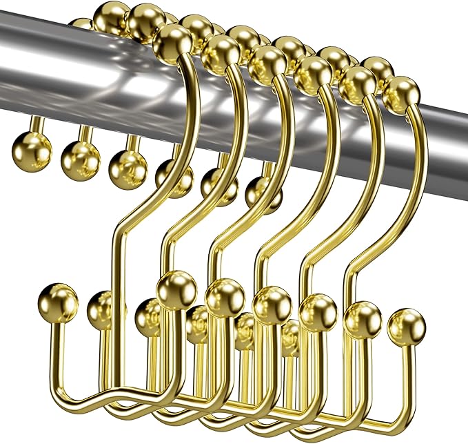 Titanker Gold Shower Curtain Hooks Rings, Rust-Resistant Metal Double Glide Shower Hooks Rings for Bathroom Shower Curtains Rods, Set of 12 Hooks - Light Gold