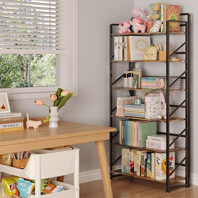 JSB No Assembly Folding Bookshelf, 6 Tier Industrial Metal Book Shelf for Storage, Vintage Wood Foldable Bookcase for Living Room, Bedroom, Office Organization Shelves