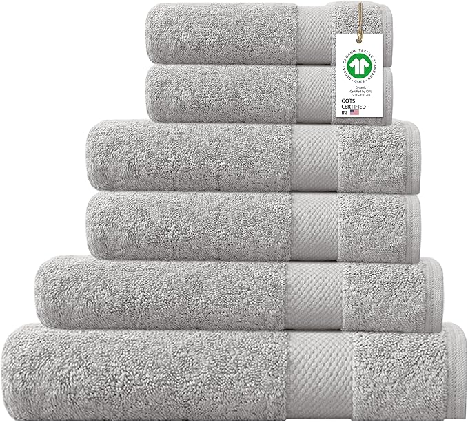Delara 100% Organic Cotton Towels 650 GSM Plush Feather Touch Quick Dry Towel, 6-Piece Towel Set GOTS Certified, Oeko-Tex Green Certified, 1 Bath Towel, 1 Bath Sheet, 2 Hand Towels & 2 Wash Cloths