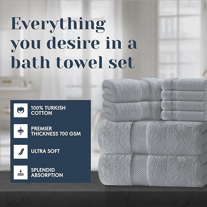 White Classic Luxury Bath Towel Set of 8 Pieces - 100% Turkish Cotton Highly Absorbent Towels for Bathroom, 2 Luxury Bath Towels 700GSM, 2 Hand Towels, 4 Washcloths, Dolphin Gray